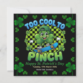 Tarjeta Festiva Too Cool to Pinch Skateboard Shamrock St. Patricks