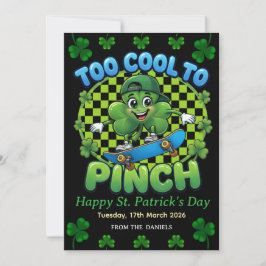 Tarjeta Festiva Too Cool to Pinch Skateboard Shamrock St. Patricks