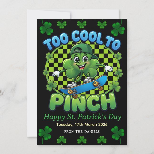 Tarjeta Festiva Too Cool to Pinch Skateboard Shamrock St. Patricks (Anverso)