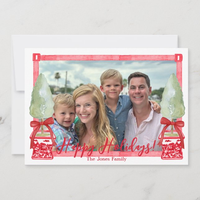 Tarjeta Festiva Topiario Chinoiserie rojo y blanco (Anverso)