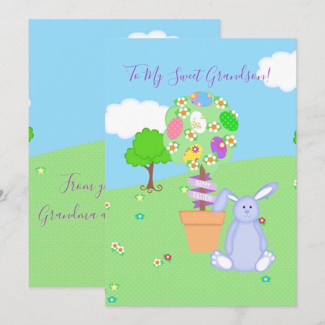 Tarjeta Festiva Topiary Blue Bunny Grandson (Anverso / Reverso)