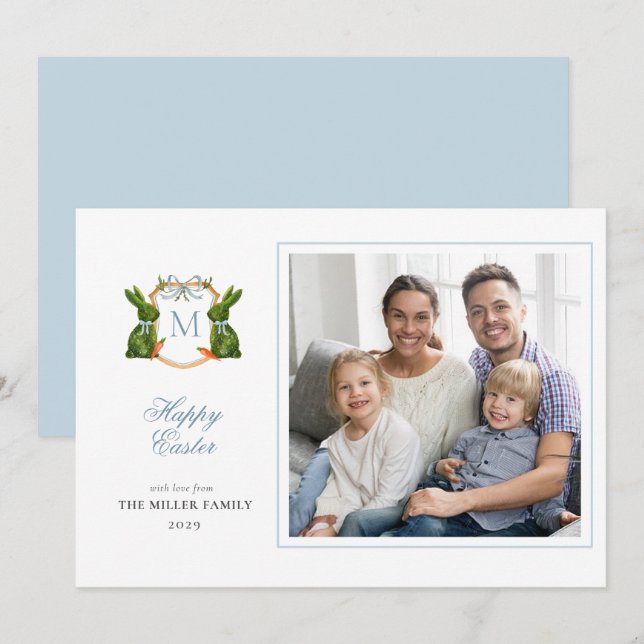 Tarjeta Festiva Topiary Bunny Monogram Easter Photo greetings (Anverso / Reverso)