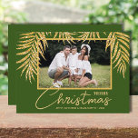 Tarjeta Festiva Topical Green Christmas Photo<br><div class="desc">Glamorous faux gold glitter palm fronds on a dark green background highlight your favorite photo on these holiday Christmas photo cards. Merry Christmas and your names on the bottom in chic lettering. High Definition for best quality. MORE COLORS and multi-photo style done for you in our collection.</div>