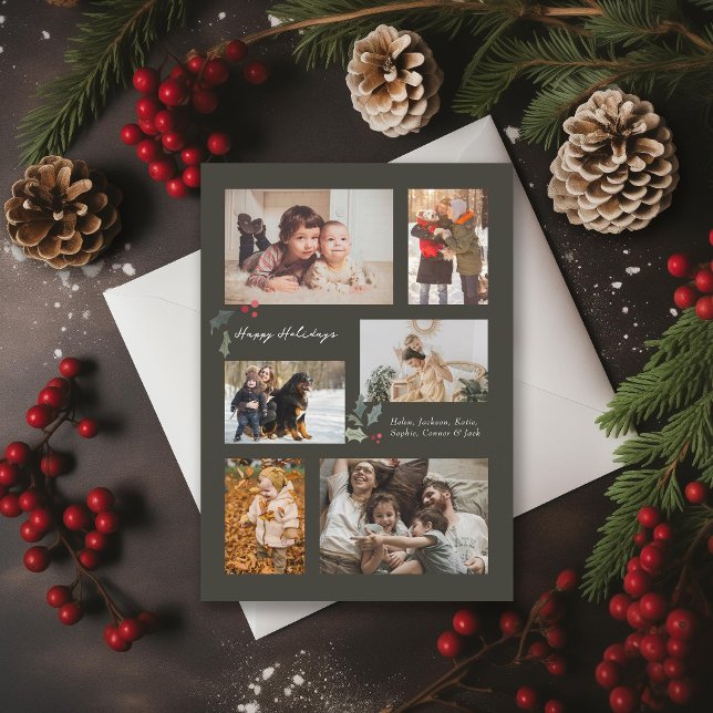 Tarjeta Festiva Toque de gris de Collage de fotos mínimo holly (Subido por el creador)