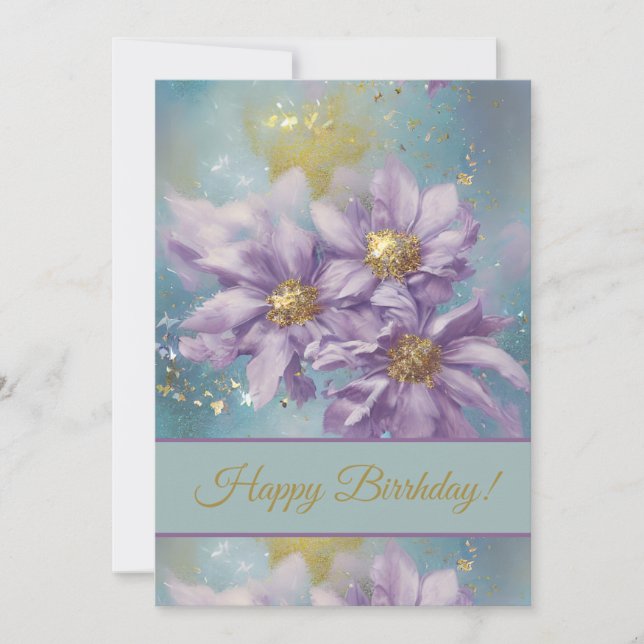 Tarjeta Festiva Tormenta purpurina Fantasy Flowers (Anverso)