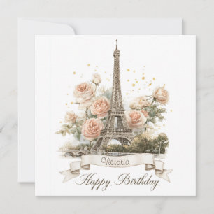 Tarjeta Festiva Torre Eiffel "cumpleaños feliz" con nombre persona