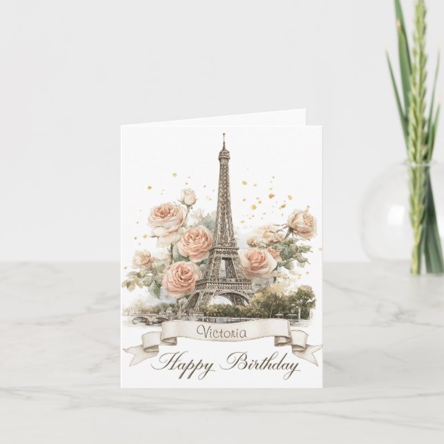 Tarjeta Festiva Torre Eiffel "cumpleaños feliz" con nombre persona (Anverso)