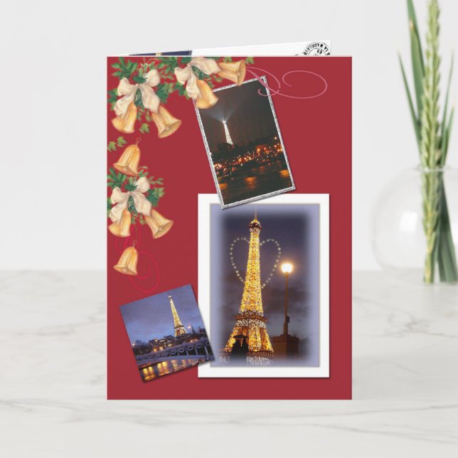 Tarjeta Festiva Torre Eiffel, navidades brillantes (Anverso)