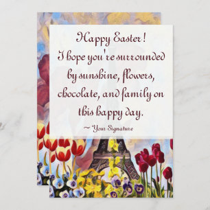 Tarjeta Festiva Torre Eiffel, Paris Iris, Tulips Flores Pascua