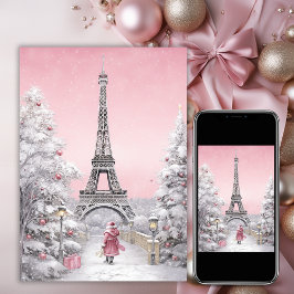 Tarjeta Festiva Torre Eiffel, Santa, Moda de París Navidades rosad