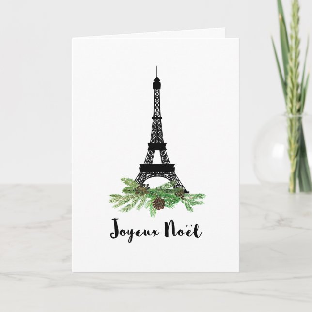 Tarjeta Festiva Torre Eiffel y pino Joyeux moderno Noel (Anverso)