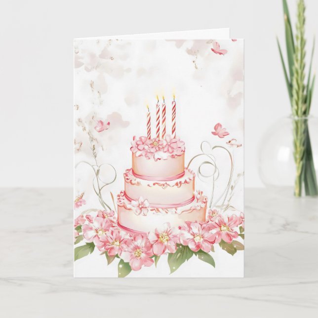 Tarjeta Festiva Torta acuarela de flores rosadas (Anverso)