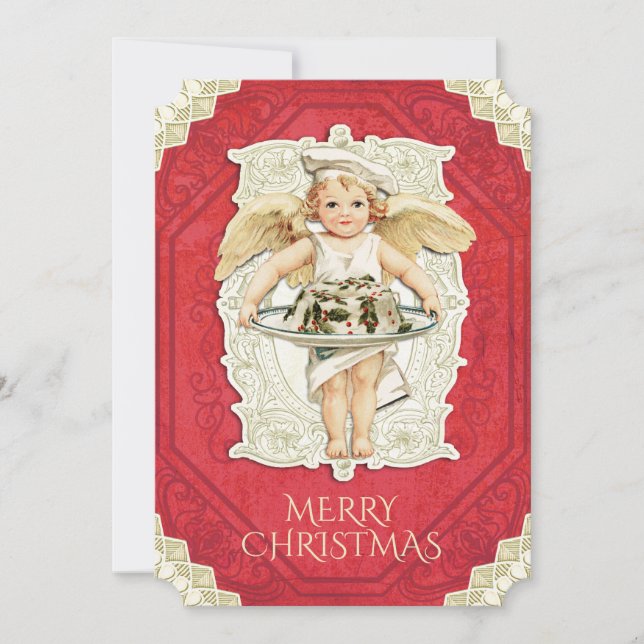 Tarjeta Festiva Torta de Navidades holly, chef de ángeles de época (Anverso)