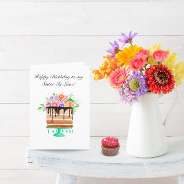 Tarjeta Festiva Torta Floral Acuarela Cumpleaños Cuñada