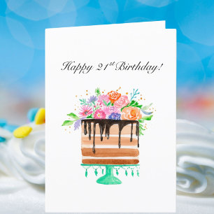 Tarjeta Festiva Torta Floral Acuarela Feliz Cumpleaños 21