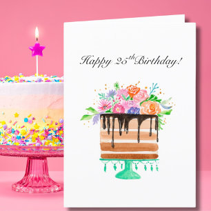 Tarjeta Festiva Torta Floral Acuarela Feliz Cumpleaños 25
