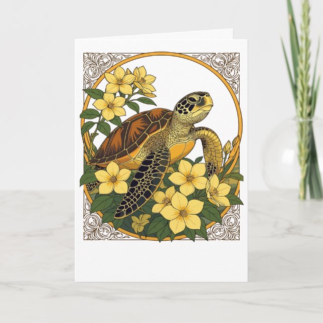 Tarjeta Festiva Tortuga Marina y Flores de Gelsemium Amarillo (Anverso)
