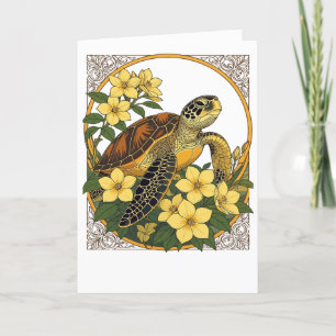 Tarjeta Festiva Tortuga Marina y Flores de Gelsemium Amarillo