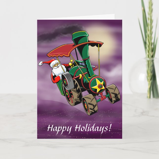 Tarjeta Festiva Tractor de vapor Santa 2 (Anverso)