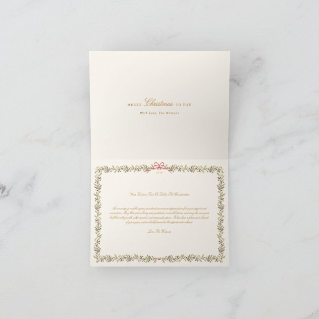 Tarjeta Festiva traditional bow christmas botanical folded photo (Interior)