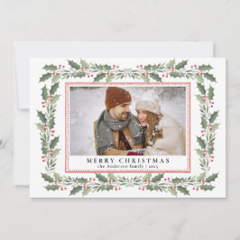 Tarjeta Festiva Traditional Christmas Holly Berries & Family Photo