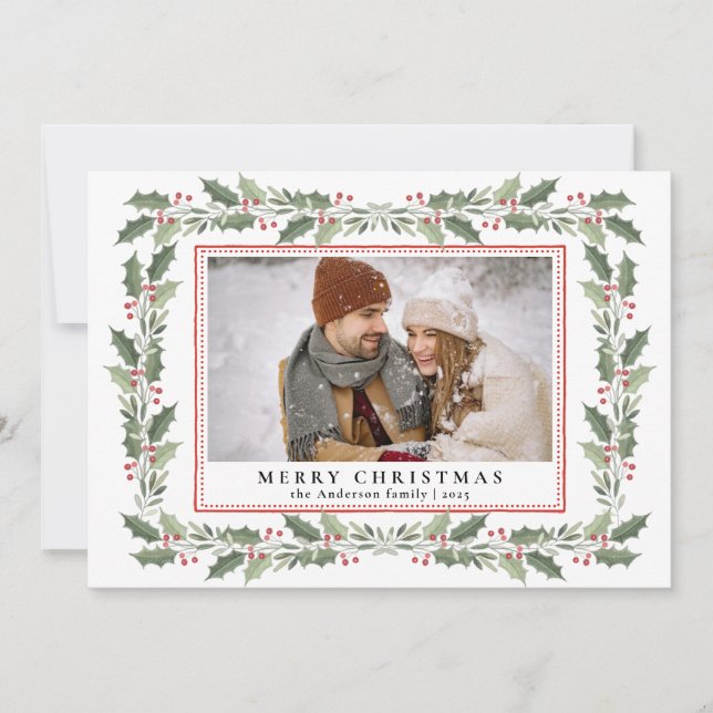 Tarjeta Festiva Traditional Christmas Holly Berries & Family Photo (Anverso)