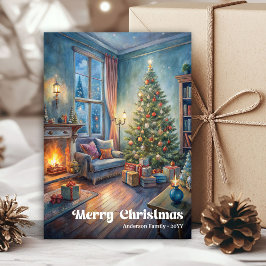 Tarjeta Festiva Traditional festive scene card red green lettering