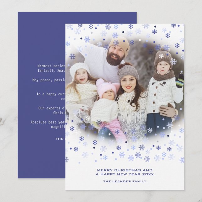 Tarjeta Festiva Traditional Minimalist Blue Snowflakes Photo  (Anverso / Reverso)