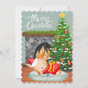 Tarjeta Festiva Traje de Santa del Oso Durmiente en Árbol de Navid