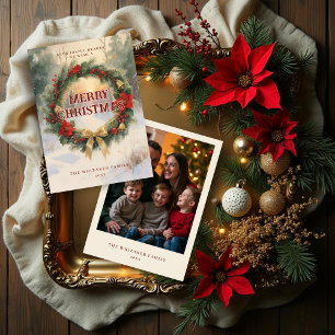 Tarjeta Festiva Tranquil Pine Wreath with Snowy Landscape Photo