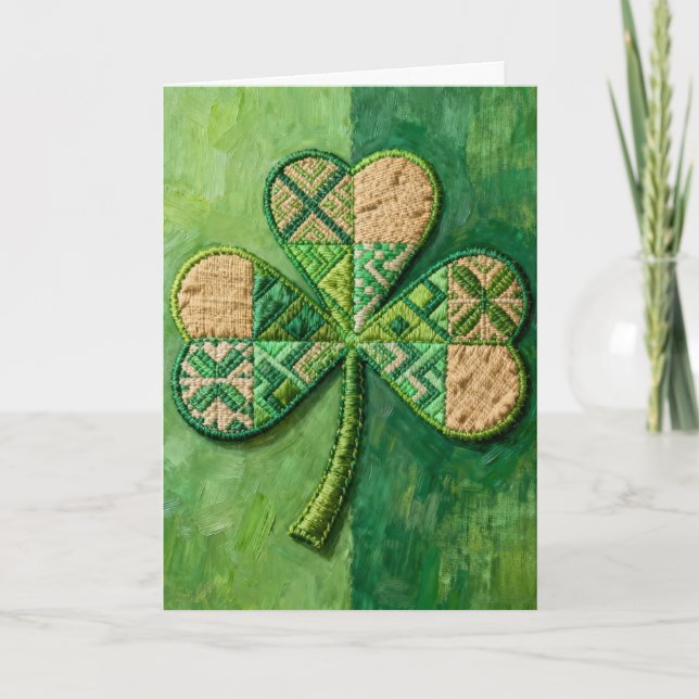 Tarjeta Festiva Trébol de patchwork Día de San Patricio (Anverso)