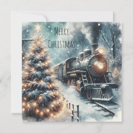 Tarjeta Festiva Tren Antiguo y Escena Invernal Vintage