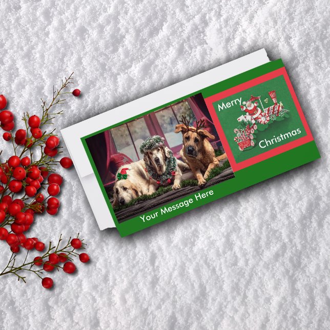 Tarjeta Festiva Tren de caramelos de Santa Clause (Santa Claus Riding peppermint candy train on red and green flat Christmas photo greeting card.)