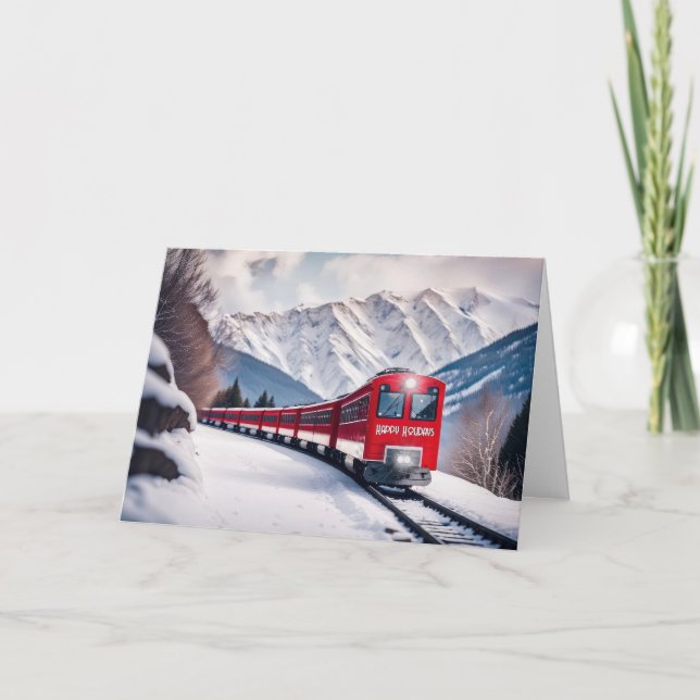 Tarjeta Festiva Tren de Navidades Rojos en el Valle de las Montaña (Anverso)