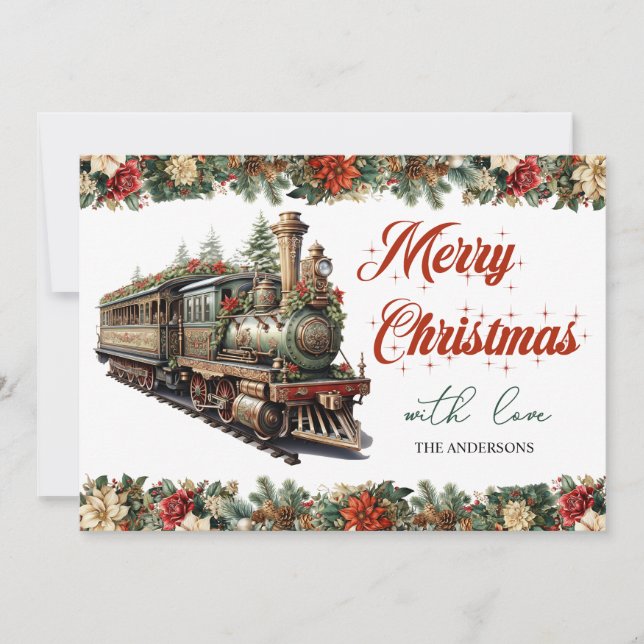Tarjeta Festiva Tren de Navidades tradicionales retro vintage (Anverso)