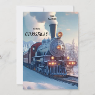 Tarjeta Festiva Tren de Vapor Navideño Antiguo Bosque Helado Nevad
