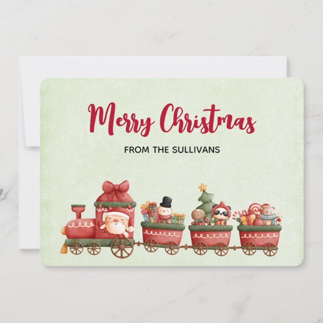 Tarjeta Festiva Tren navideño bonito con juguetes (Anverso)