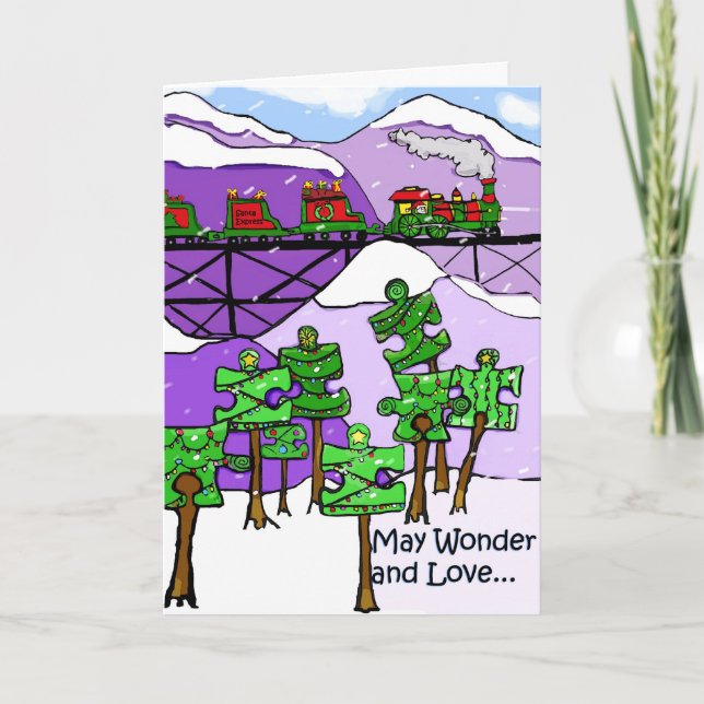 Tarjeta Festiva Tren y rompecabezas árboles Navidades Autismo tarj (Anverso)