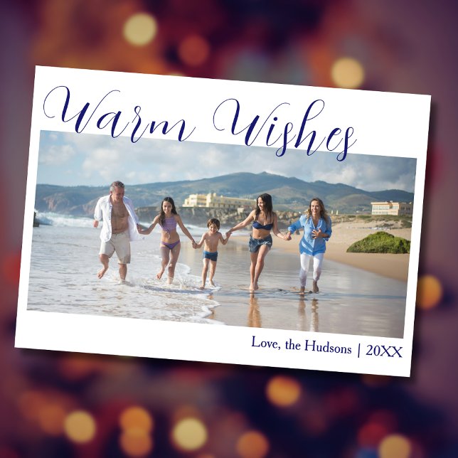 Tarjeta Festiva Trendy Blue Warm Wishes Two Beach Family Photo  (Subido por el creador)