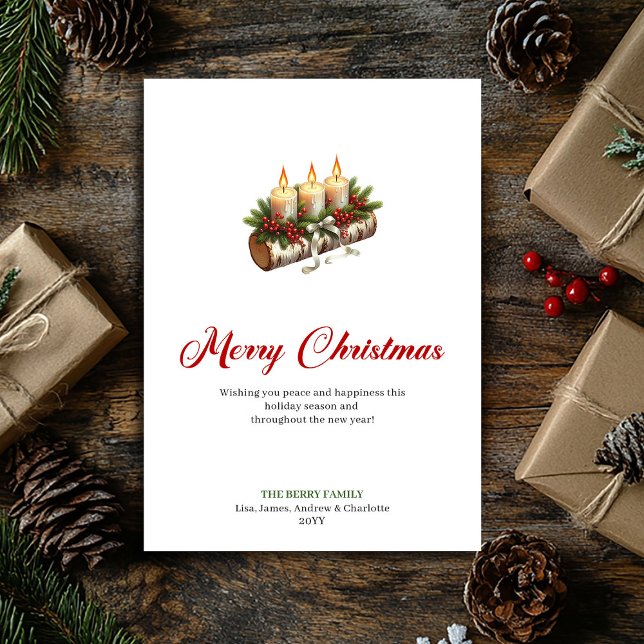 Tarjeta Festiva Trendy Christmas candles wooden log greeting (Trendy Christmas candles wooden log greeting Holiday Card)