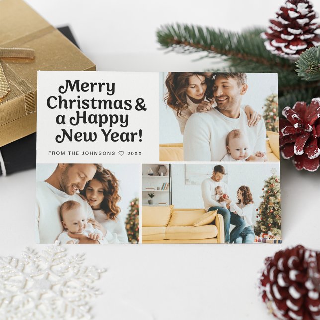 Tarjeta Festiva Trendy Merry Christmas Happy New Year Photo Grid (Minimal, trendy typography, simple and modern photo collage family christmas card.)