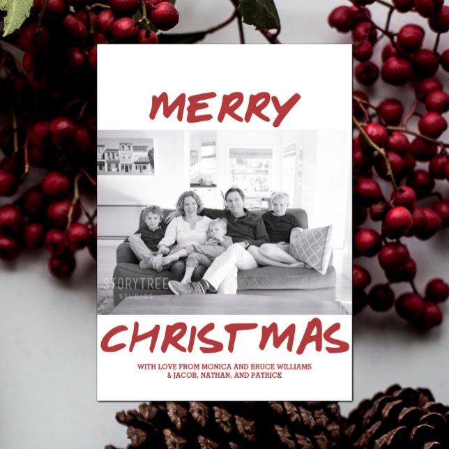 Tarjeta Festiva Trendy Merry Christmas Photo Card | Borgoña (Burgundy Trendy Merry Christmas Photo Card)