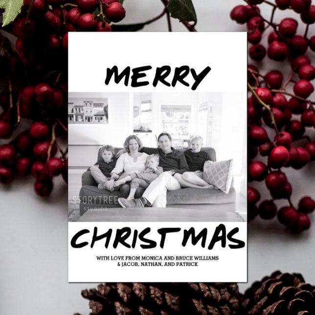 Tarjeta Festiva Trendy Merry Christmas Photo Card | Negro (Black Trendy Merry Christmas Photo Card)