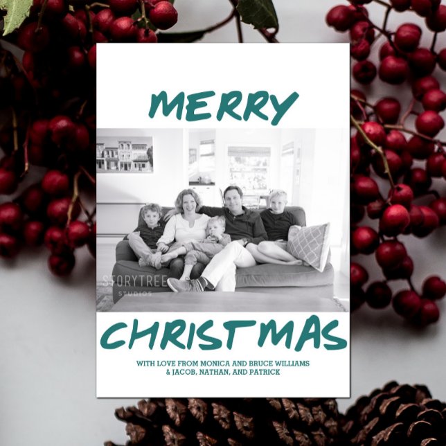 Tarjeta Festiva Trendy Merry Christmas Photo Card | VERDE AZULADO (Teal Trendy Merry Christmas Photo Card)