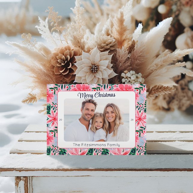 Tarjeta Festiva Trendy Pink Modern Merry Christmas Photo (Tropical Pink Floral Christmas Card)