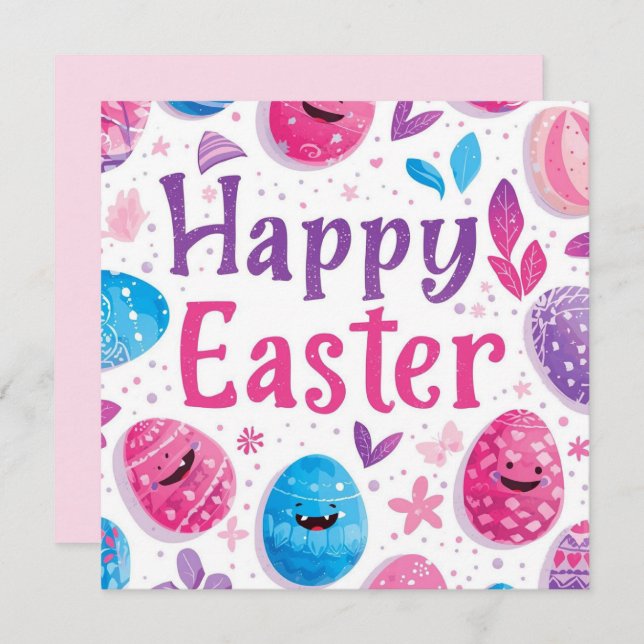 Tarjeta Festiva Trendy Purple and Pink Easter Eggs personalized (Anverso / Reverso)