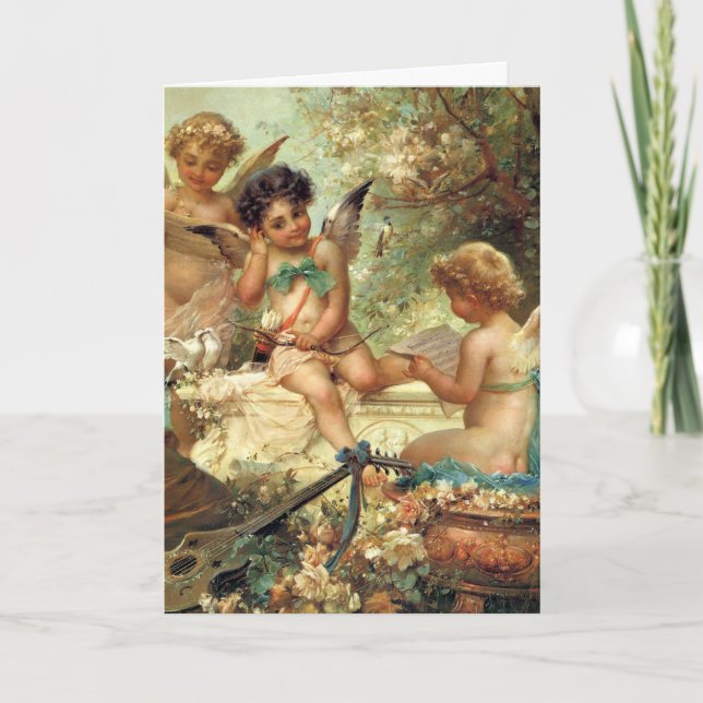 Tarjeta Festiva Tres ángeles músicos victorianos por Hans Zatzka (Anverso)