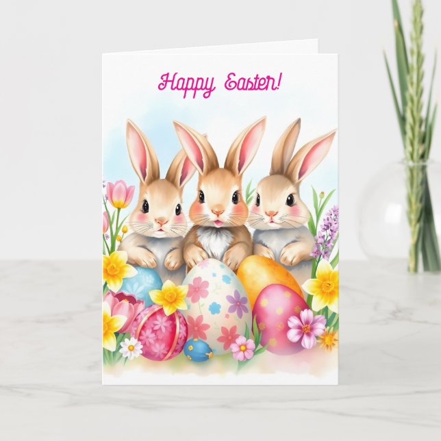 Tarjeta Festiva Tres conejillos de Pascua y huevos de flores (Anverso)