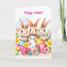 Tarjeta Festiva Tres conejillos de Pascua y huevos de flores