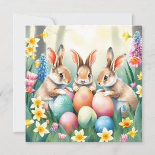 Tarjeta Festiva Tres conejos de Pascua